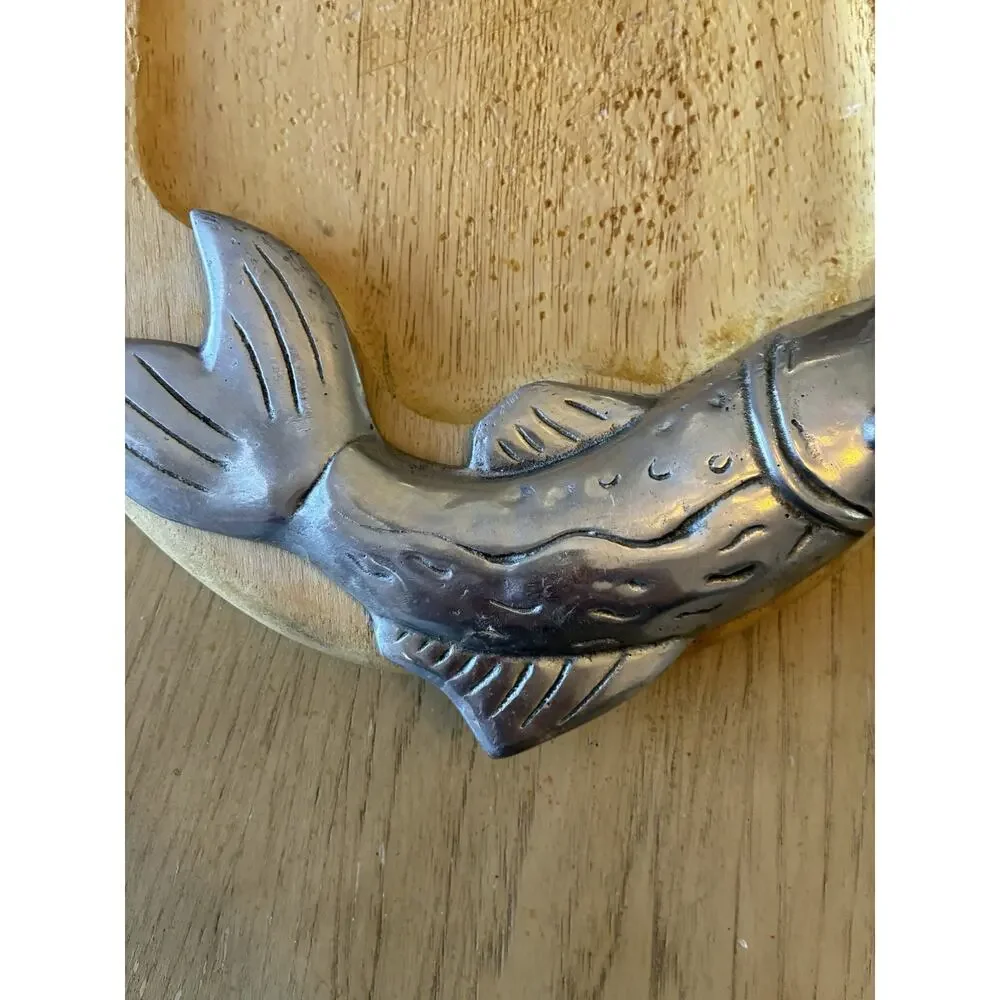 VTG Wood Sushi Tray Fish Pewter Serving Tray Nautical Decor Party Cheese Seafood